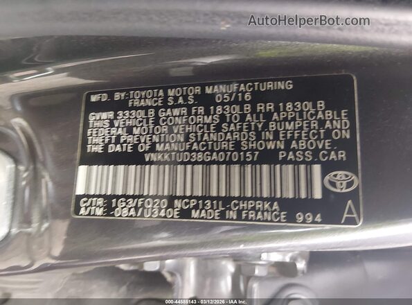 VNKKTUD38GA070157 2016 TOYOTA YARIS Gray Շարժիչի բաժամունքի տեսք