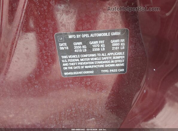 W04GL6SX4K1008502 2019 BUICK REGAL Burgundy Widok komory silnika