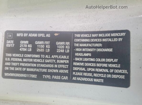 W04WH3N59HG117002 2017 BUICK CASCADA White Widok naklejki z numerem VIN