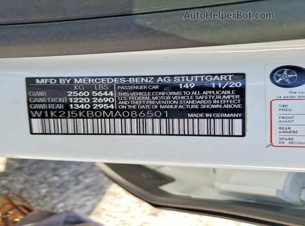 W1K2J5KB0MA086501 2021 MERCEDES-BENZ CLS-CLASS White VIN կոդի պիտակի տեսք