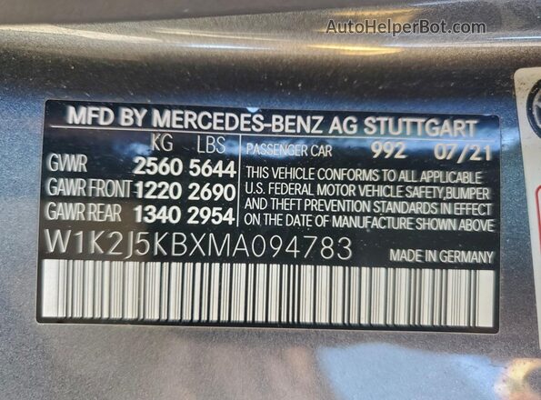 W1K2J5KBXMA094783 2021 MERCEDES-BENZ CLS-CLASS Gray Вид наклейки з VIN-кодом