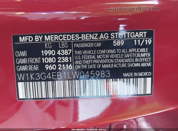 W1K3G4EB1LW045983 2020 MERCEDES-BENZ A 220 Red 