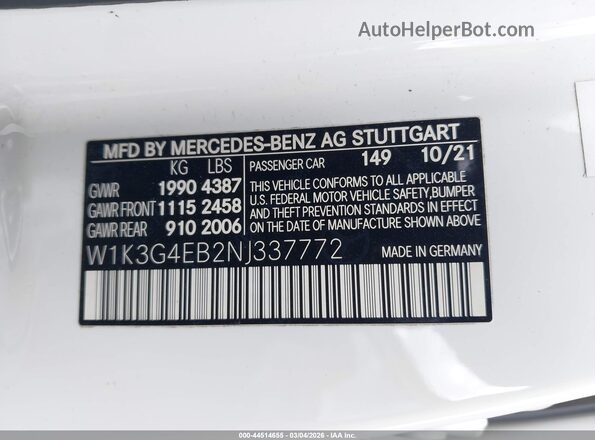 W1K3G4EB2NJ337772 2022 MERCEDES-BENZ A 220 White Շարժիչի բաժամունքի տեսք