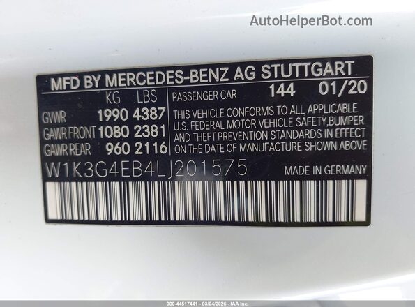 W1K3G4EB4LJ201575 2020 MERCEDES-BENZ A 220 White ძრავის განყოფილების ხედი