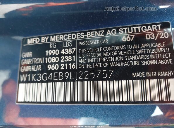 W1K3G4EB9LJ225757 2020 MERCEDES-BENZ A 220 Blue Շարժիչի բաժամունքի տեսք