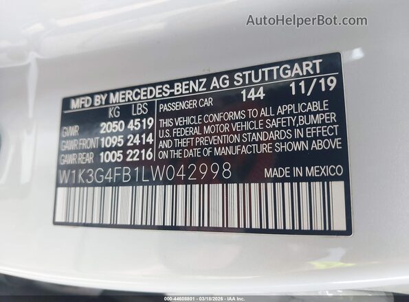 W1K3G4FB1LW042998 2020 MERCEDES-BENZ A 220 Белый 