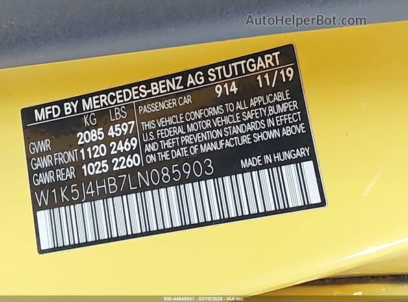 W1K5J4HB7LN085903 2020 MERCEDES-BENZ CLA 250 Yellow Engine compartment view