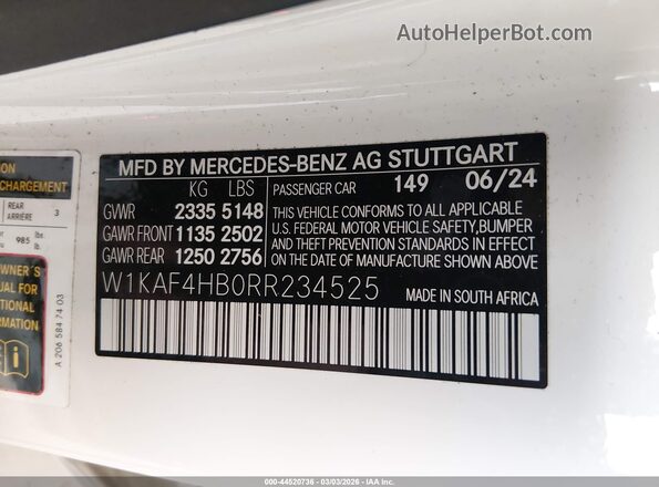 W1KAF4HBORR234525 2024 MERCEDES-BENZ C-CLASS Белый 