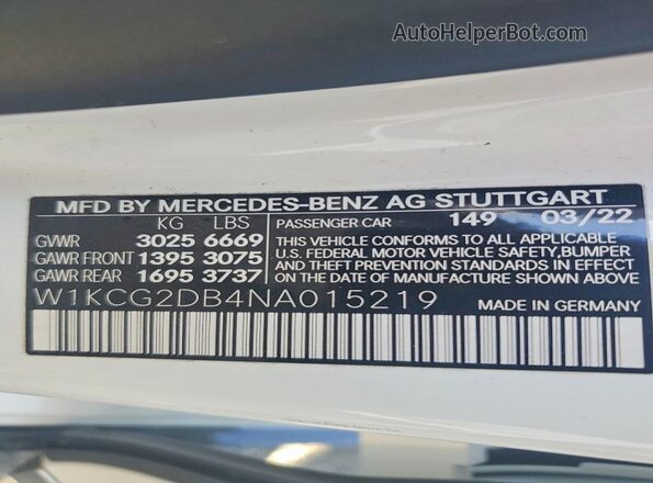 W1KCG2DB4NA015219 2022 MERCEDES-BENZ EQS White Widok naklejki z numerem VIN