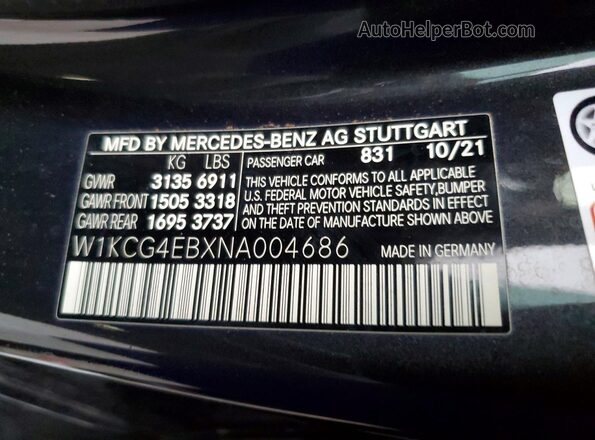 W1KCG4EBXNA004686 2022 MERCEDES-BENZ EQS Charcoal Vista de la etiqueta del VIN