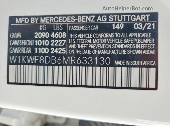 W1KWF8DB6MR633130 2021 MERCEDES-BENZ C White Widok naklejki z numerem VIN