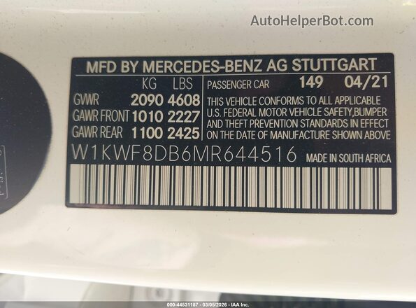 W1KWF8DB6MR644516 2021 MERCEDES-BENZ C-CLASS White Շարժիչի բաժամունքի տեսք