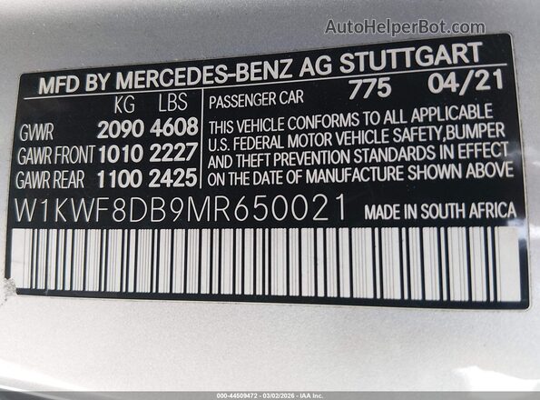 W1KWF8DB9MR650021 2021 MERCEDES-BENZ C-CLASS Silver Вид підкапотного простору
