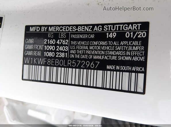 W1KWF8EB0LR572967 2020 MERCEDES-BENZ C-CLASS Белый 
