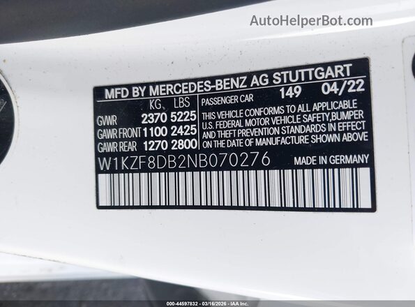 W1KZF8DB2NB070276 2022 MERCEDES-BENZ E-CLASS White Вид підкапотного простору
