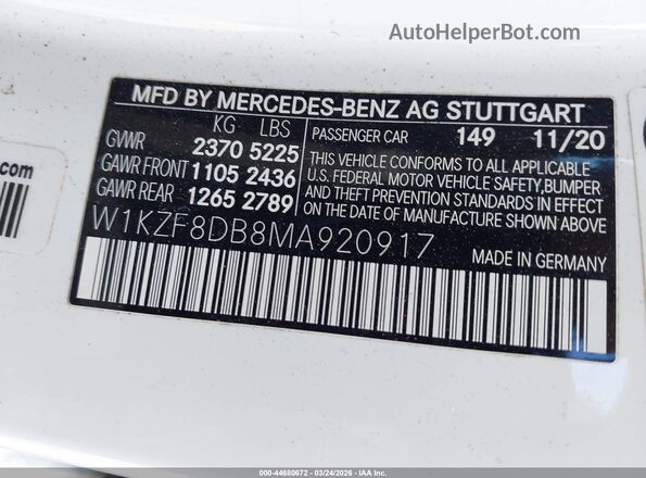 W1KZF8DB8MA920917 2021 MERCEDES-BENZ E-CLASS White 