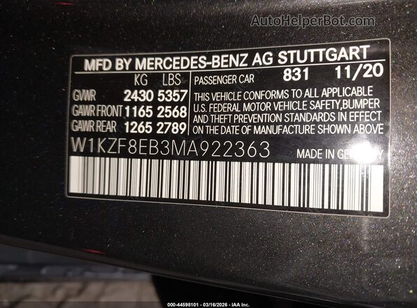 W1KZF8EB3MA922363 2021 MERCEDES-BENZ E-CLASS Black ძრავის განყოფილების ხედი