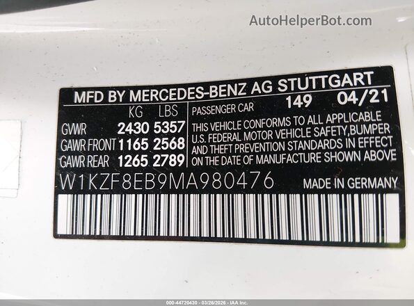 W1KZF8EB9MA980476 2021 MERCEDES-BENZ E-CLASS White ძრავის განყოფილების ხედი