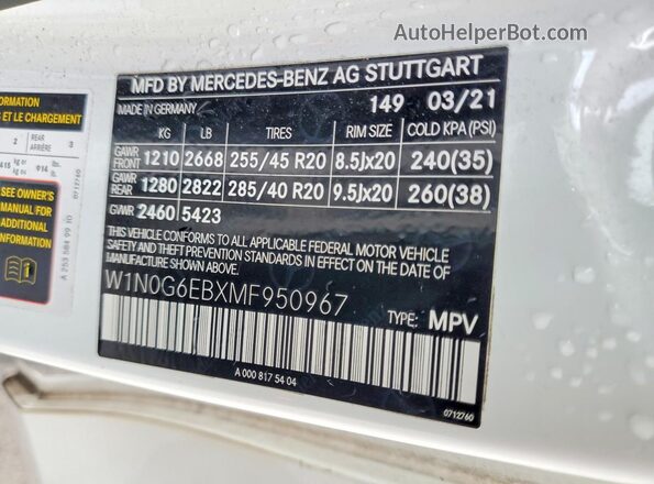 W1N0G6EBXMF950967 2021 MERCEDES-BENZ GLC-CLASS White Вид наклейки з VIN-кодом