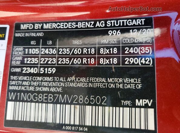 W1N0G8EB7MV286502 2021 MERCEDES-BENZ GLC-CLASS Red VIN sticker view
