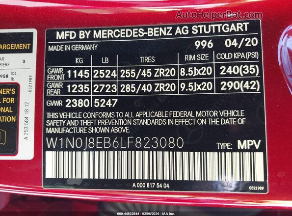 W1N0J8EB6LF823080 2020 MERCEDES-BENZ GLC 300 COUPE Red Вид підкапотного простору