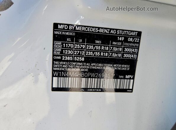 W1N4M4HB0PW269151 2023 MERCEDES-BENZ GLB-CLASS White Vista de la etiqueta del VIN