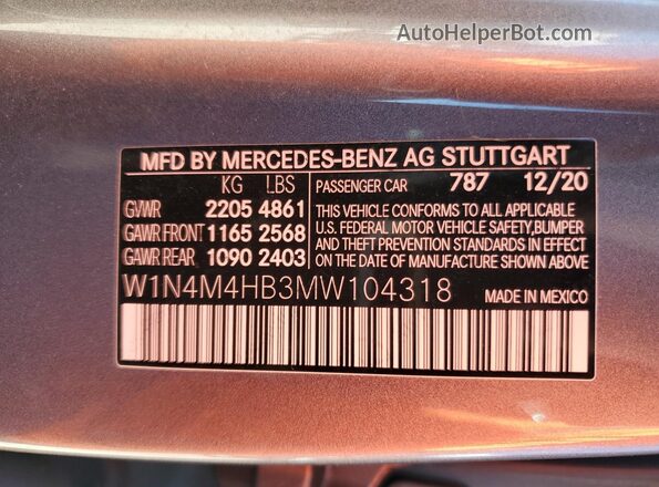 W1N4M4HB3MW104318 2021 MERCEDES-BENZ GLB-CLASS Gray VIN կոդի պիտակի տեսք