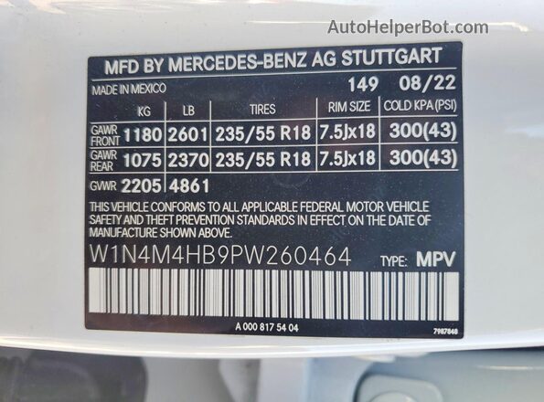 W1N4M4HB9PW260464 2023 MERCEDES-BENZ GLB-CLASS Белый Вид наклейки с VIN-кодом