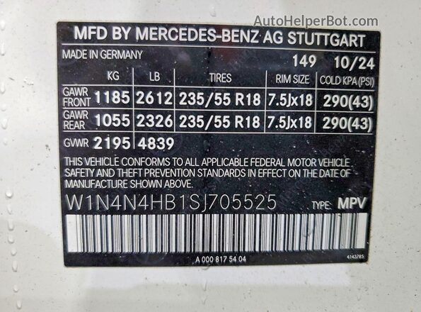 W1N4N4HB1SJ705525 2025 MERCEDES-BENZ GLA Белый Вид наклейки с VIN-кодом