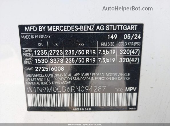 W1N9M0CB6RN094287 2024 MERCEDES-BENZ EQB 250 SUV White ძრავის განყოფილების ხედი