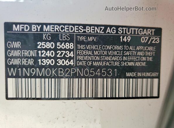 W1N9M0KB2PN054531 2023 MERCEDES-BENZ EQB White Вид наклейки з VIN-кодом