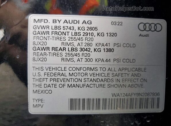 WA124AFY9N2087936 2022 AUDI SQ5 Black Widok naklejki z numerem VIN