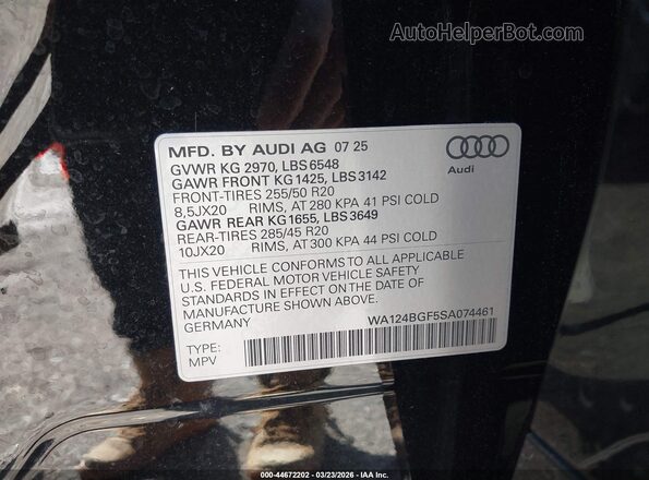 WA124BGF5SA074461 2025 AUDI Q6 E-TRON Black Շարժիչի բաժամունքի տեսք