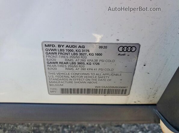 WA12AAGE6MB006967 2021 AUDI E-TRON White VIN კოდის სტიკერის ხედი