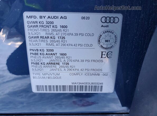 WA13AAGE0LB033245 2020 AUDI E-TRON Угольный Вид наклейки с VIN-кодом