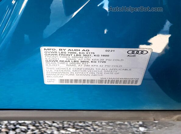 WA13AAGE4MB029720 2021 AUDI E-TRON Blue Вид наклейки з VIN-кодом