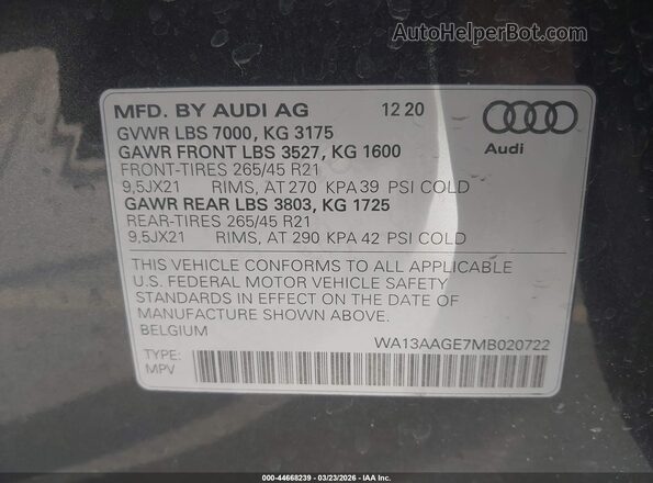 WA13AAGE7MB020722 2021 AUDI E-TRON Серый Вид подкапотного пространства
