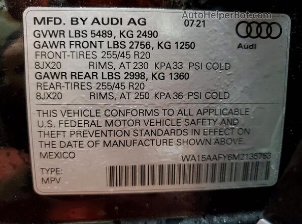 WA15AAFY6M2135753 2021 AUDI Q5 Black Вид наклейки з VIN-кодом