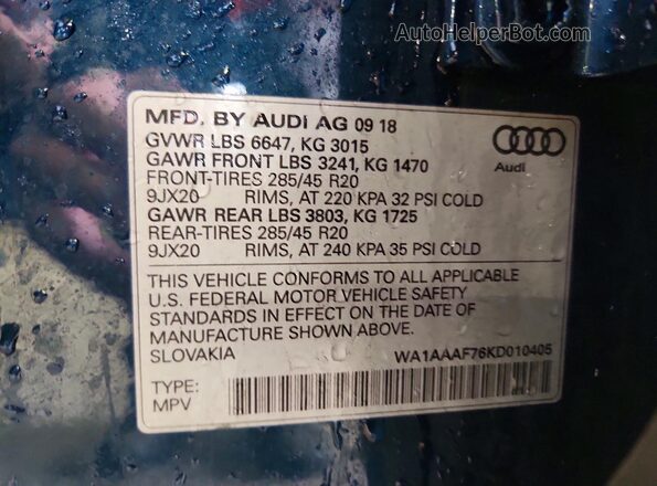 WA1AAAF76KD010405 2019 AUDI Q7 Teal VIN կոդի պիտակի տեսք