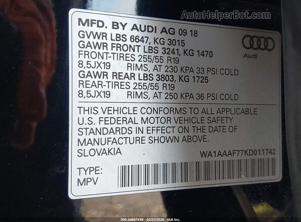 WA1AAAF77KD011742 2019 AUDI Q7 Black Вид підкапотного простору