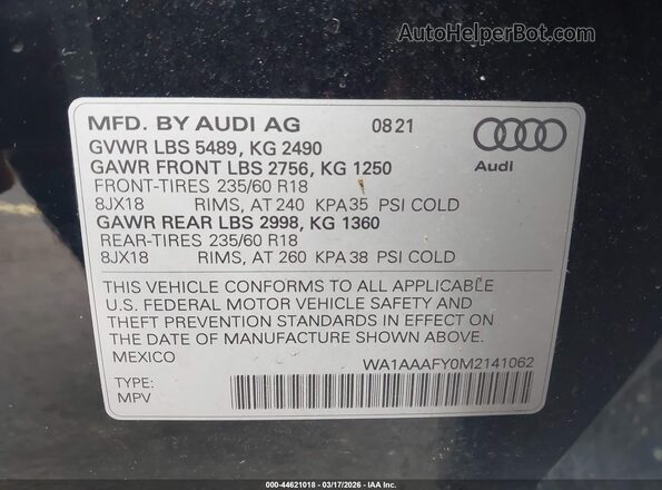 WA1AAAFY0M2141062 2021 AUDI Q5 Черный Вид подкапотного пространства