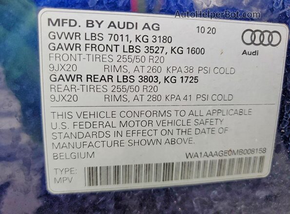 WA1AAAGE0MB008158 2021 AUDI E-TRON Синий Панорамный вид салона 360°