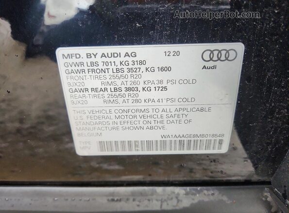 WA1AAAGE8MB018548 2021 AUDI E-TRON Black VIN კოდის სტიკერის ხედი