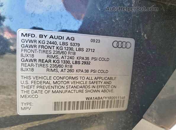 WA1ABAFY1R2011148 2024 AUDI Q5 Серый Вид наклейки с VIN-кодом