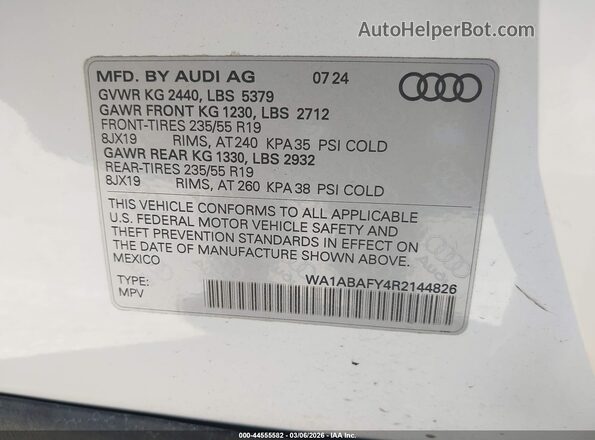 WA1ABAFY4R2144826 2024 AUDI Q5 White Widok komory silnika