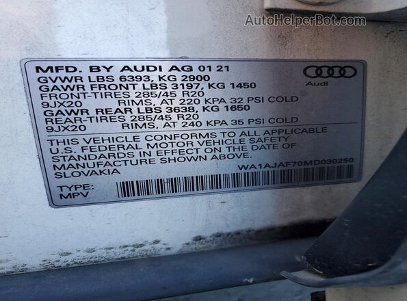 WA1AJAF70MD030250 2021 AUDI Q7 White VIN კოდის სტიკერის ხედი