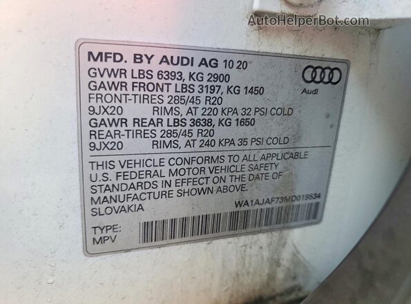 WA1AJAF73MD019534 2021 AUDI Q7 White VIN კოდის სტიკერის ხედი