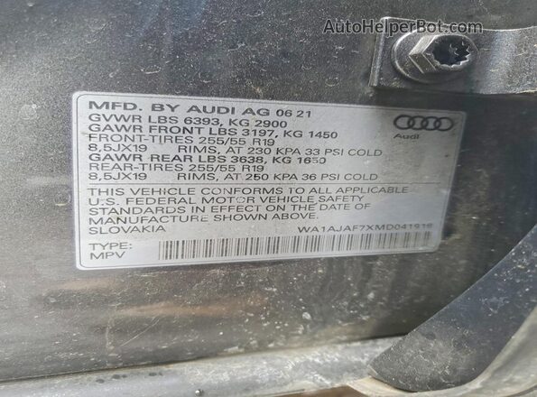 WA1AJAF7XMD041918 2021 AUDI Q7 Silver VIN կոդի պիտակի տեսք