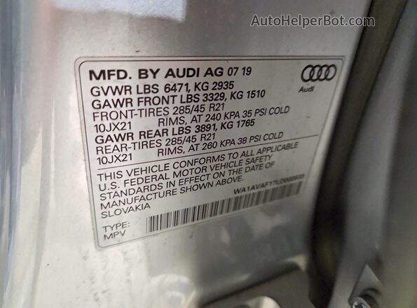WA1AVAF17LD000533 2020 AUDI Q8 Silver Vista de la etiqueta del VIN