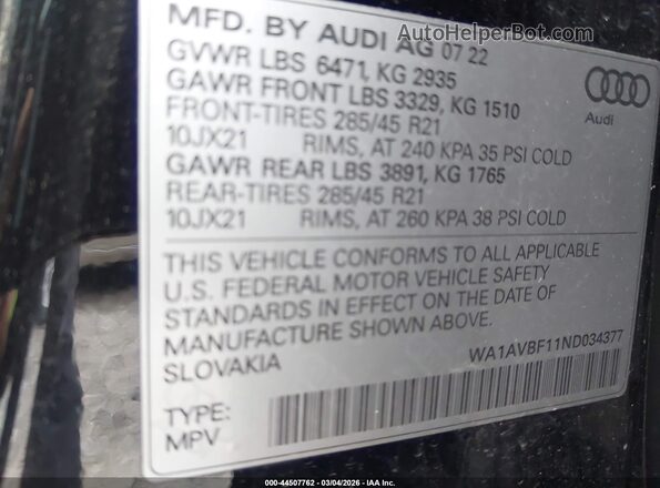 WA1AVBF11ND034377 2022 AUDI Q8 Black Շարժիչի բաժամունքի տեսք